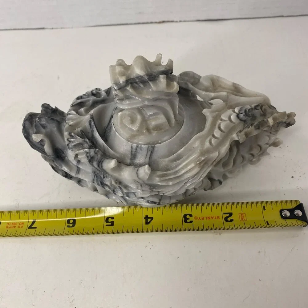 Hand-Carved Marble Decorative Dish Dragon‎ Lotus Design Oyster Plate Candle Tray